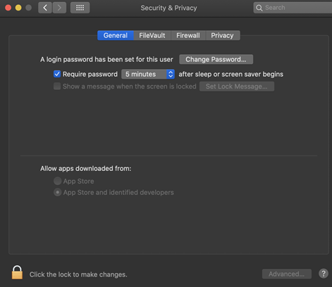 MacOs  security settings screenshot