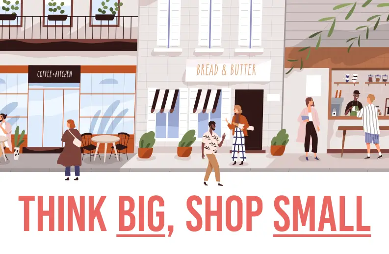 Illustration of people shopping in local shops - shop small 