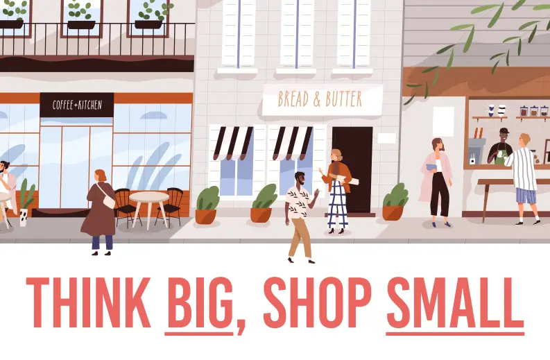 Illustration of people shopping in local shops - shop small