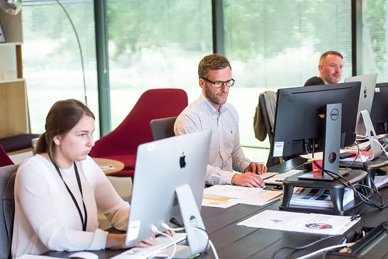 Employees at work in an office - working on computers at their desks