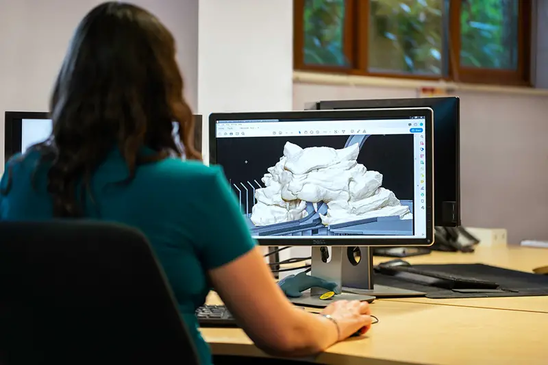 Female wearing green dress designing on her laptop