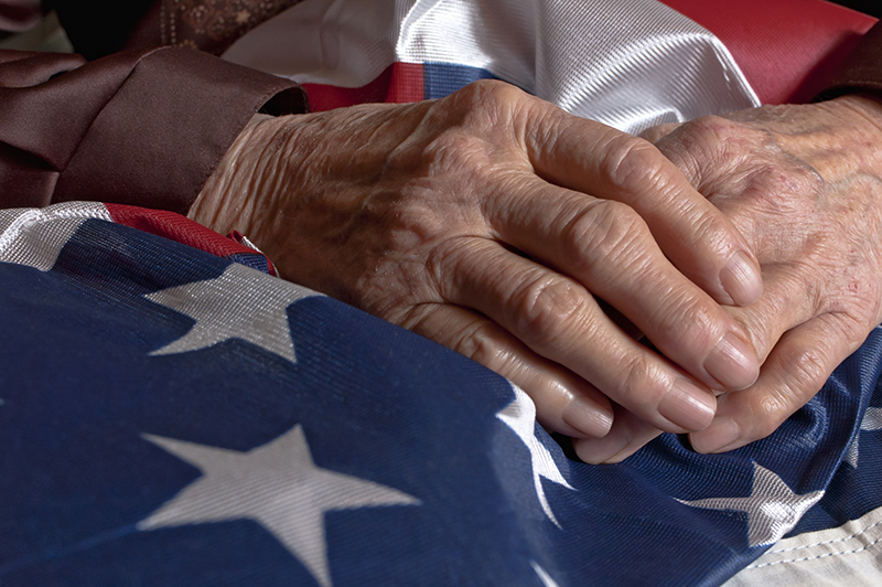 Old woman's hands holding an American flag