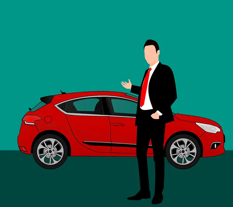 Man and red car in showroom illustration