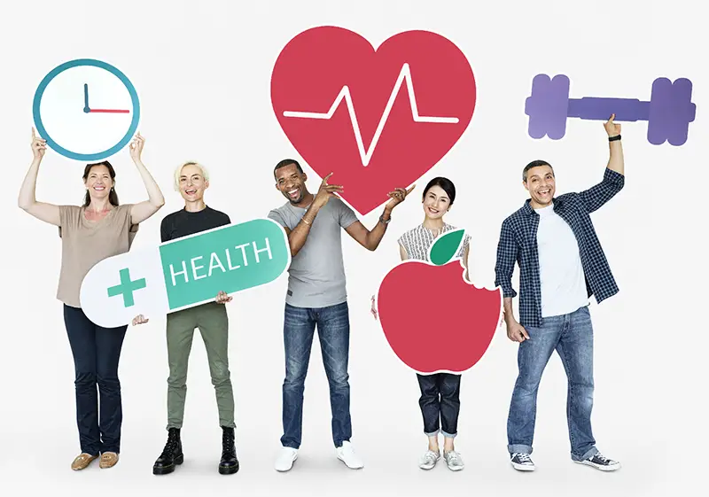 Group of diverse people holding health and fitness icons