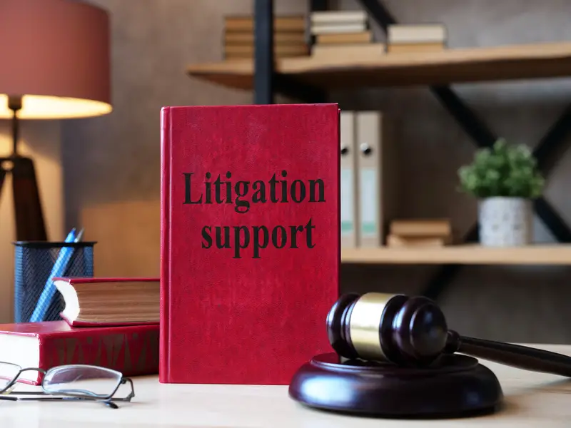 Litigation support is shown on a photo using the text on a red book