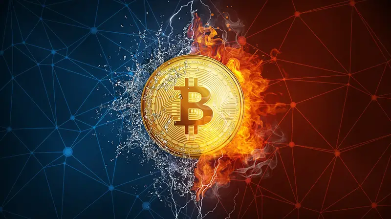 bitcoin concept in blue and red background