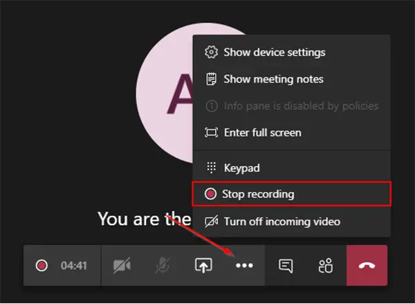 Stop recording button on microsoft team meeting
