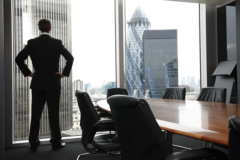 Businessman standing near glass window inside the building