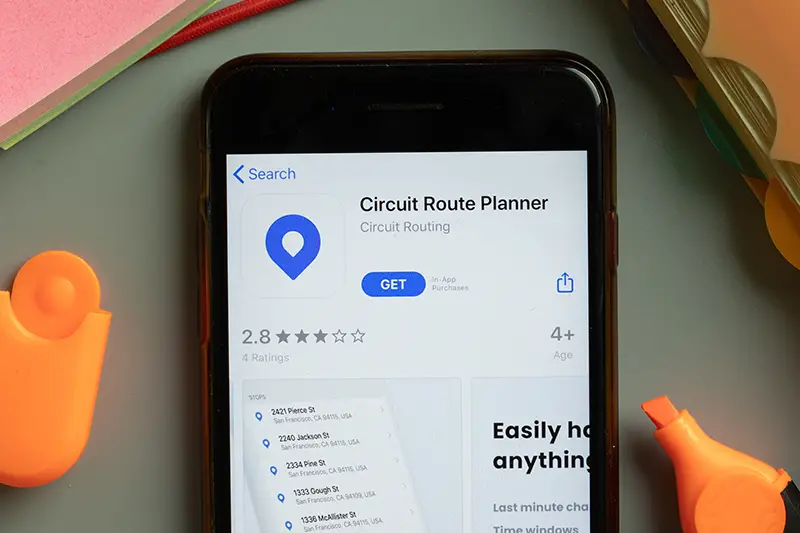 Circuit Route Planner mobile app logo on phone screen close up
