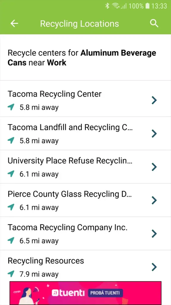 screenshot of recycling locations
