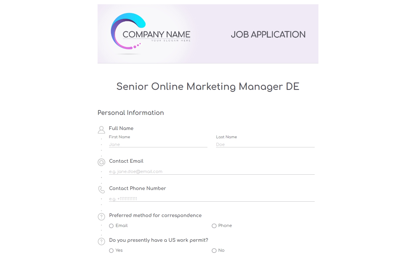 Job Application Form Sample Template