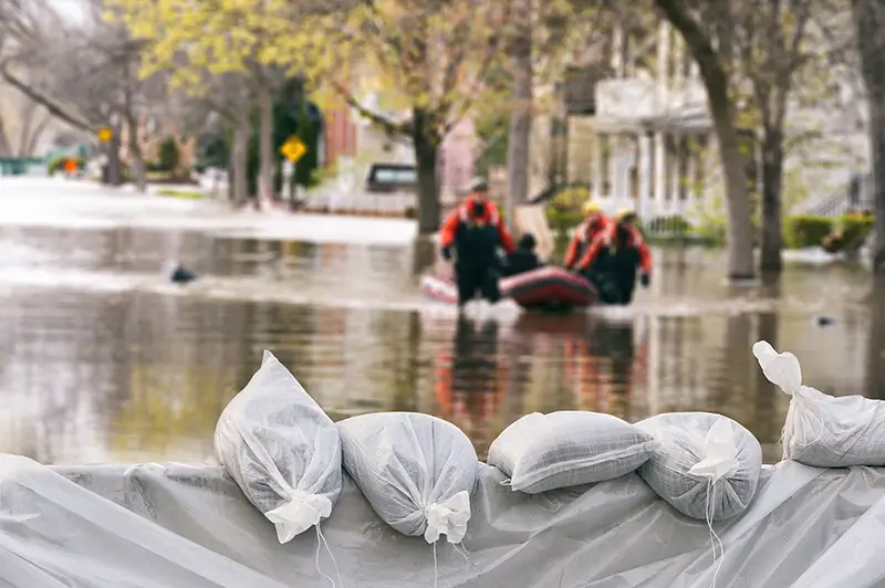 Men in rescue boat in the middle of the flood