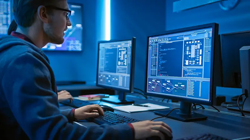 Man working in front of computer screens