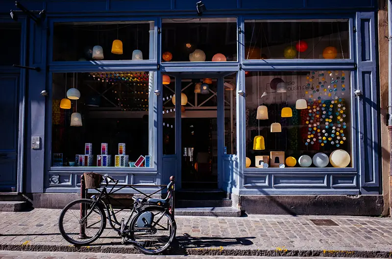 Retail store in blue paint and glass door and walls