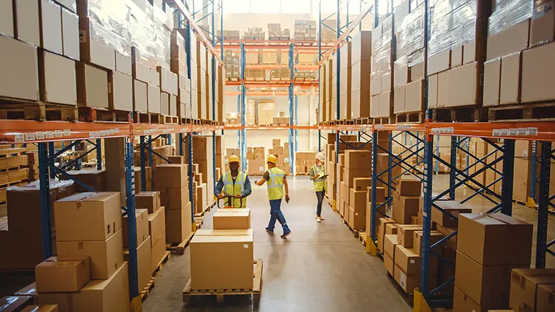 Retail Warehouse full of Shelves with Goods in Cardboard Boxes