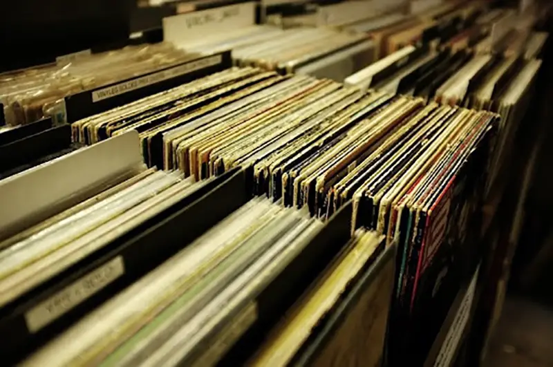 Vinyl collection at a record store