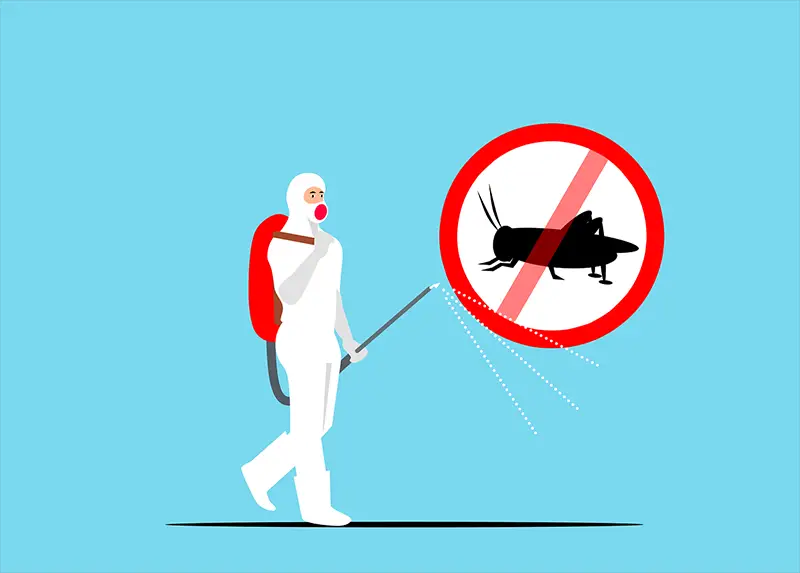 illustration of man in white safety attire spraying pesticides
