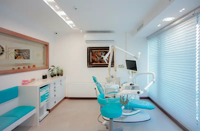 White and blue dental chair