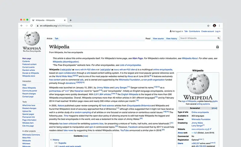 Screen shots of wikipedia