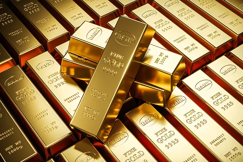 Gold bars in bank vault.