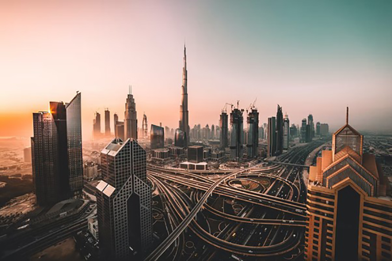 Sunrise shot of Downtown Dubai and Burj Khalifa