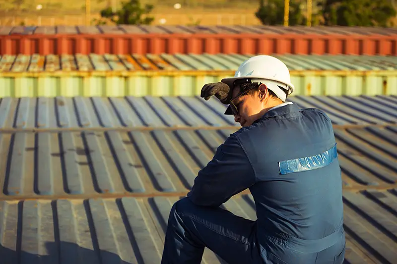 Lonely Foreman worker sitting on the container box in the cargo