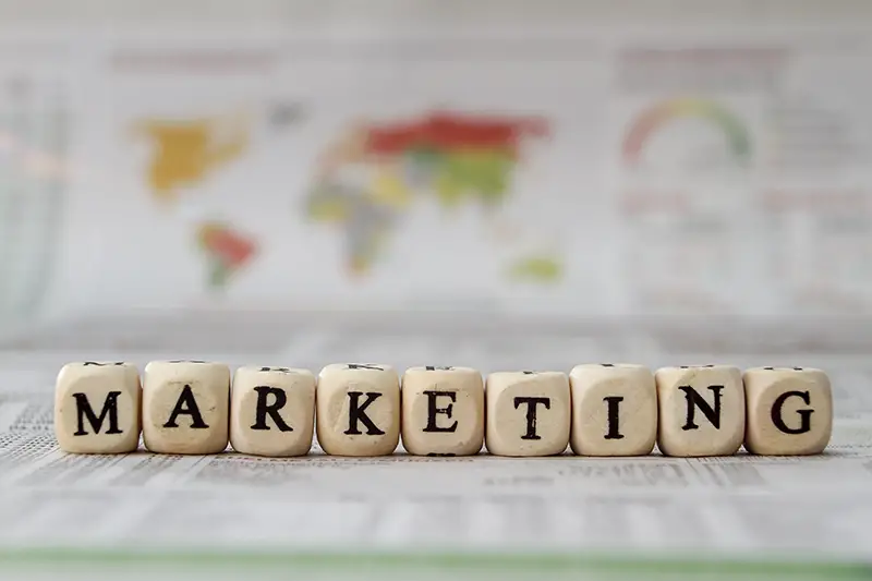 Marketing word built with letter cubes