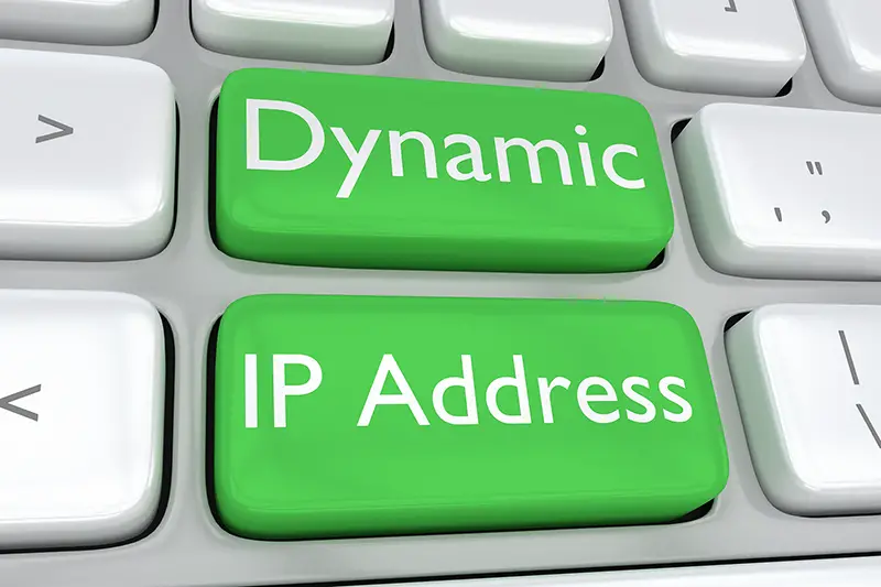 3D illustration of computer keyboard with the print "Dynamic IP Address"