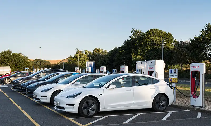 Line of Tesla electric car chargers