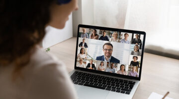 view of female employee have webcam digital virtual conference