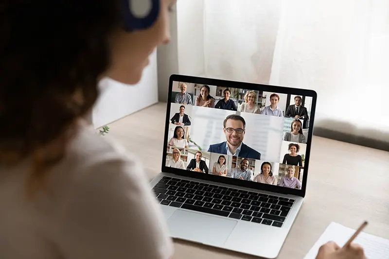 view of female employee have webcam digital virtual conference