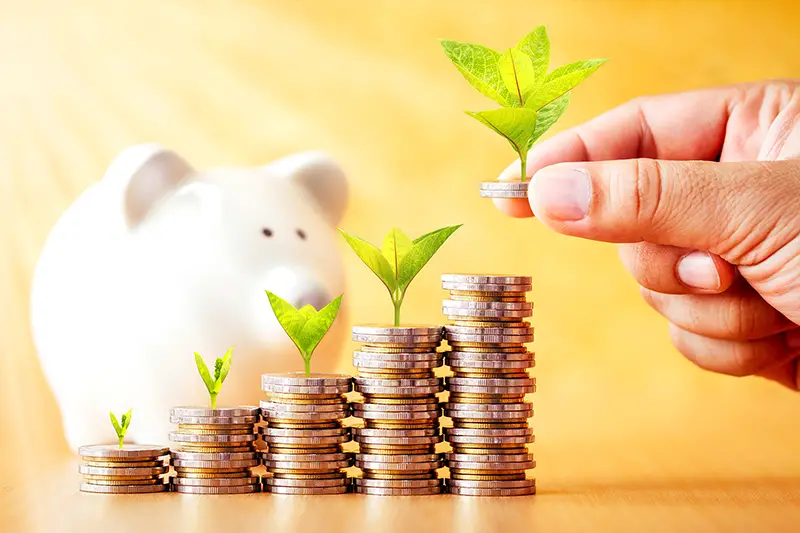 Investor hand hold a coin with plant growing on the top and stack gold coin and piggy bank