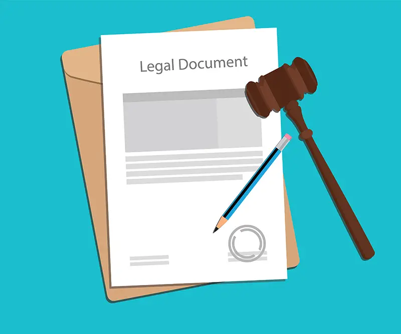 legal document paper illustration with gavel and pencil vector illustration