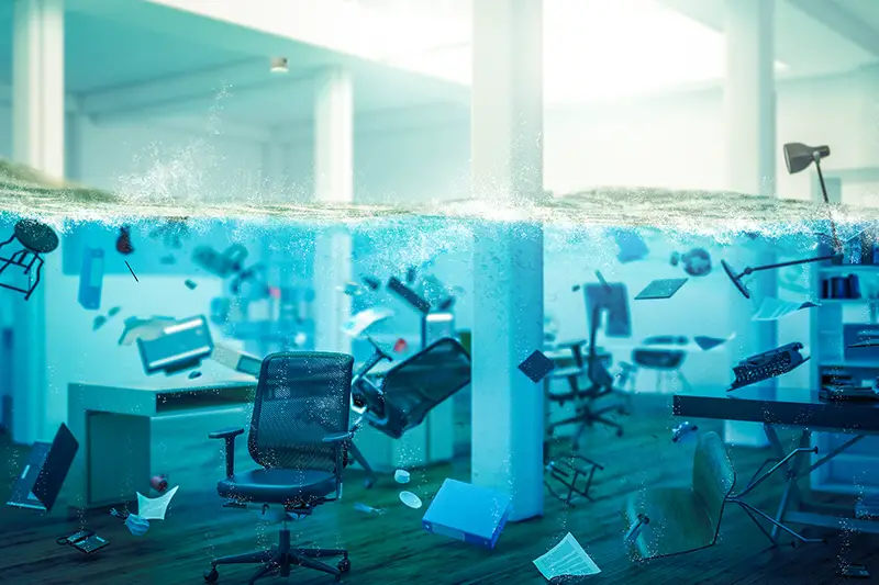 interior of an office completely flooded