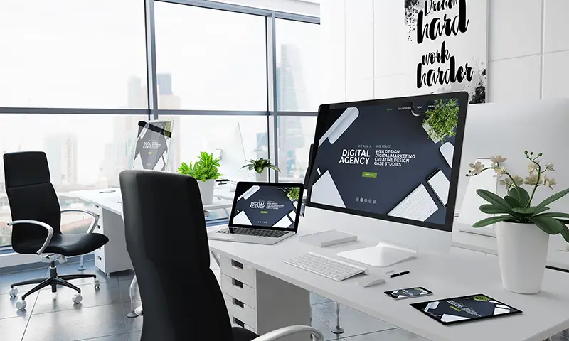office desktop 3d rendering with digital agency on screen