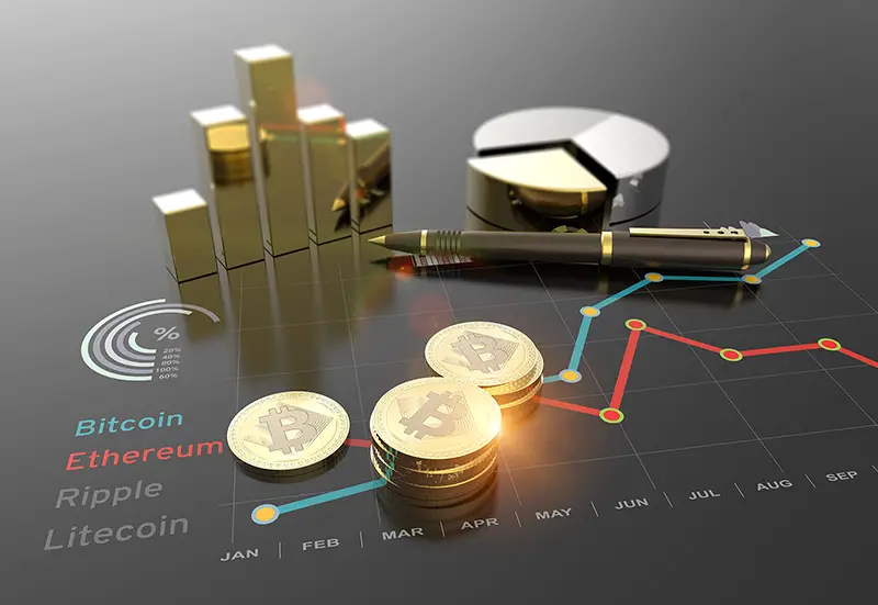 Cryptocurrency Bitcoin and virtual financial currency market exchange 3D illustration