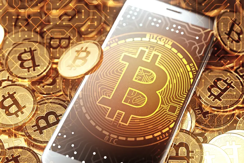 Bitcoin on the phone. new crypto currency concept