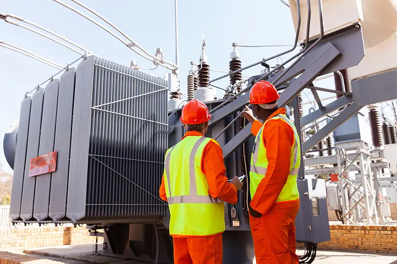 back view of electricians standing next to a transformer in electrical power plant