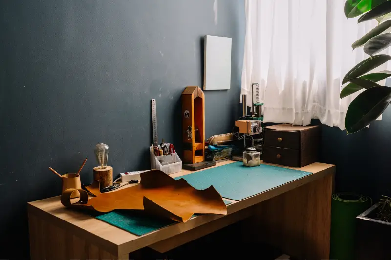 Brown Wooden Desk With leather Computer Desktop