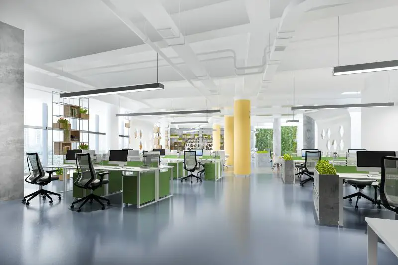 business meeting and working room on office building with green and yellow decor