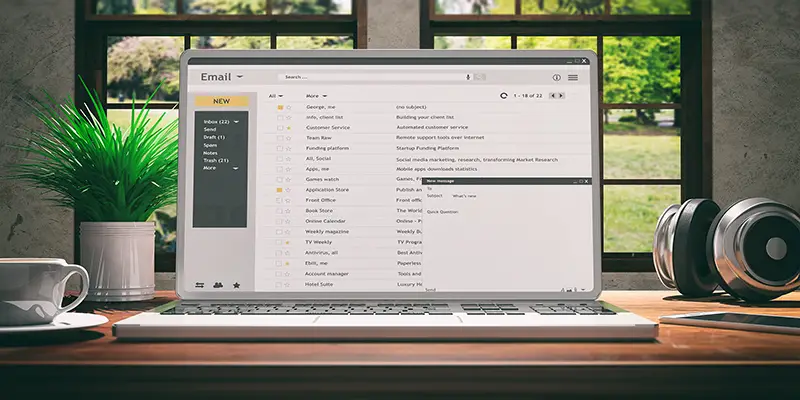Emails list on a computer laptop screen