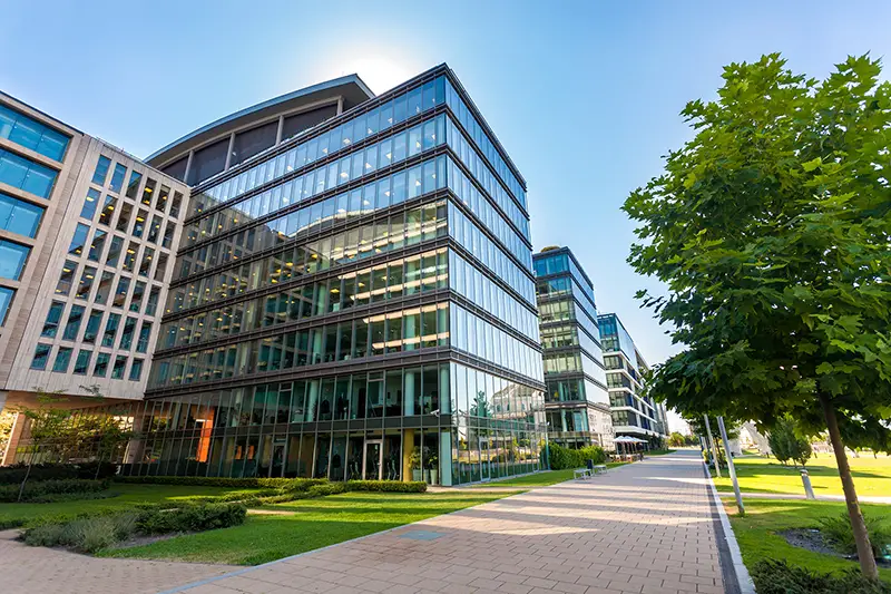 Alley with office buildings in modern Budapest area