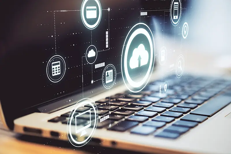 Data exchange technology concept with virtual cloud service application icons