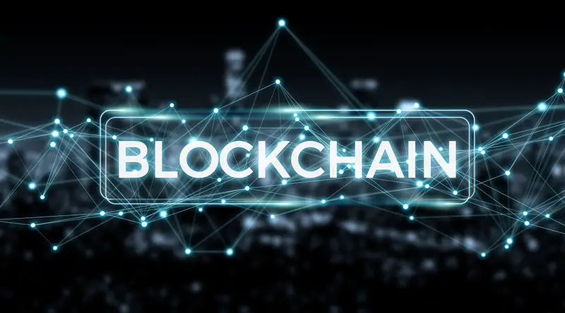 Blockchain connection on blurred city background 3D rendering