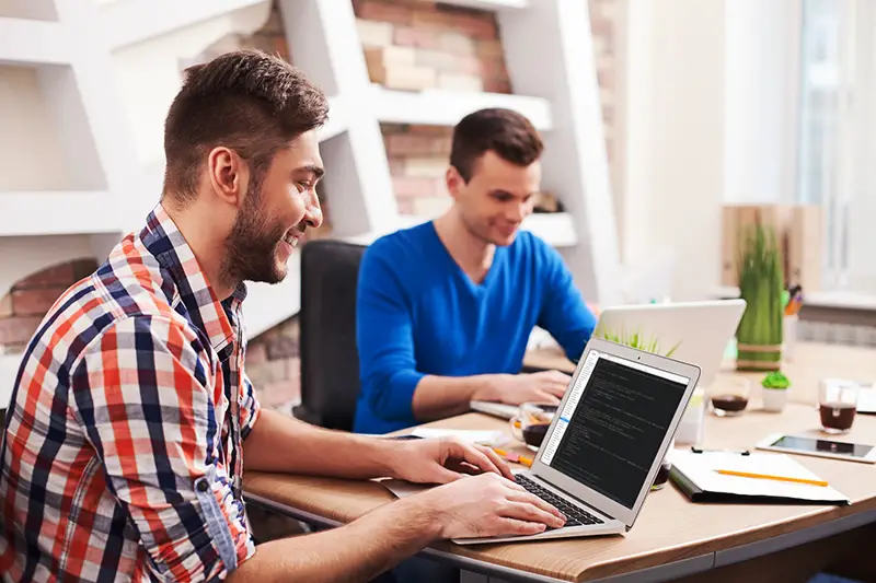 Young workers using laptop on their work