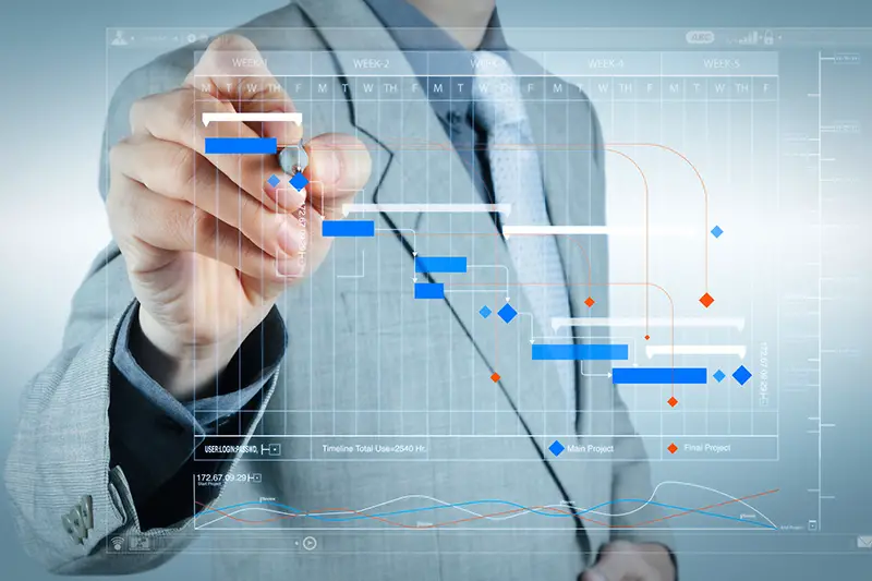 Project manager working and update tasks with milestones progress planning and Gantt chart scheduling virtual diagram.