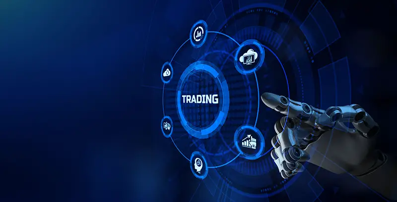 AI Robotic trader financial forex trading automation concept.