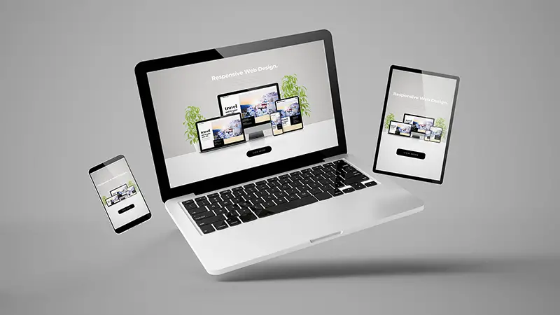 flying laptop, mobile and tablet 3d rendering showing responsive web design