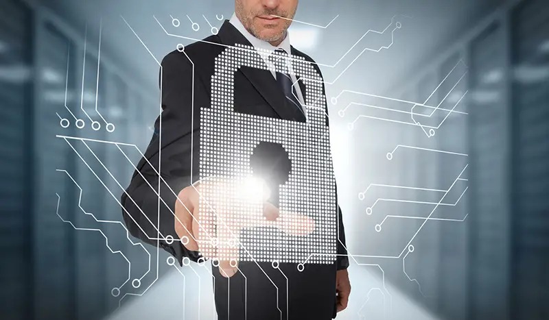 Businessman selecting a futuristic padlock