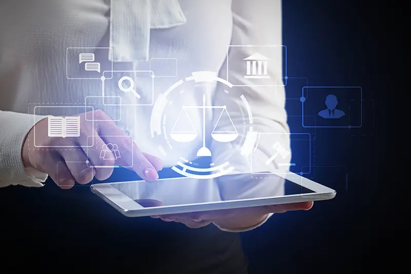 Female lawyer with tablet computer using virtual screen